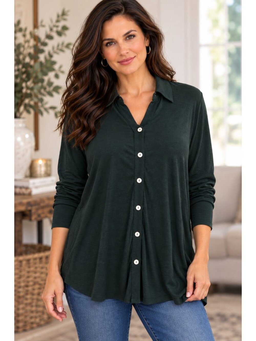 J Jill Top Women L Forest Green Tencel Knit Button Front Relaxed Lagenlook New